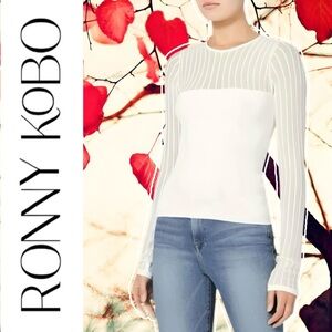 RONNY KOBO Off White Long Sleeve Sheer Ribbed Stretchy Sweater Top M L
